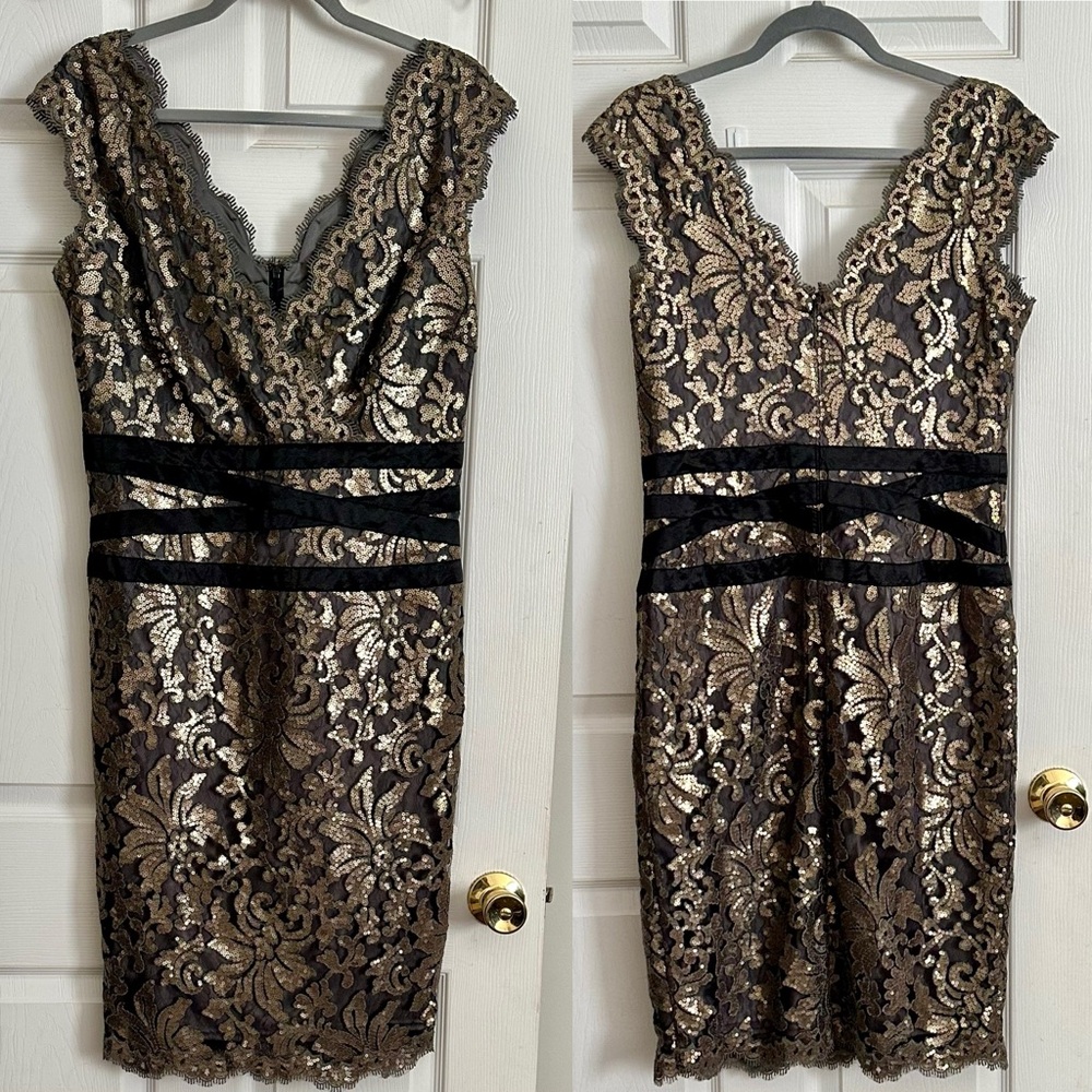 Tadashi Shoji
Paillette Embroidered Black and Gold
Lace Dress Size 14 EUC - Picture 3 of 6